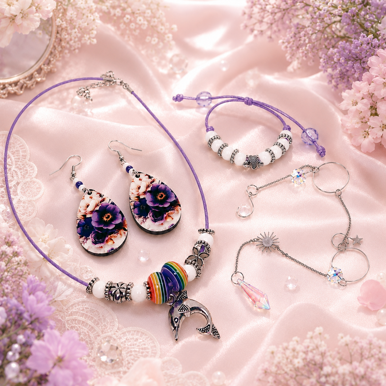 Gift set includes, purple rope necklace with beads and dolphin pendant, matching bracelet, dangling flower earrings and sun catcher.