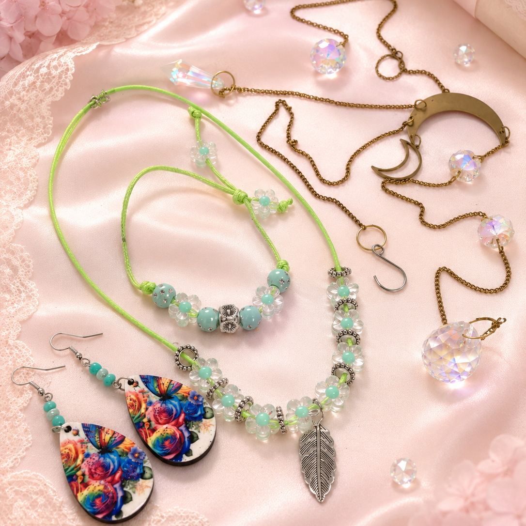 Gift set includes, green rope necklace with turquoise beads and leaf pendant, matching bracelet, dangling flower earrings and gold sun catcher with glass diamond.