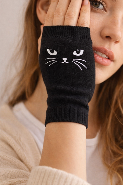 Black cat themed fingerless gloves
