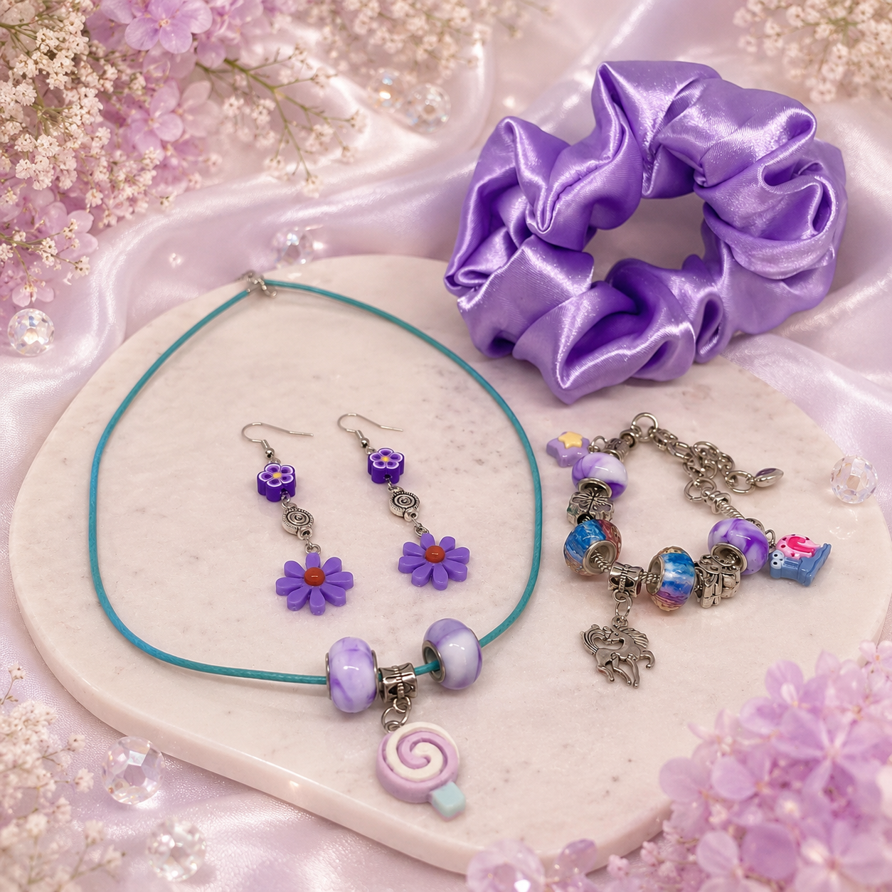 Purple scrunchie, necklace, earrings and charm bracelet