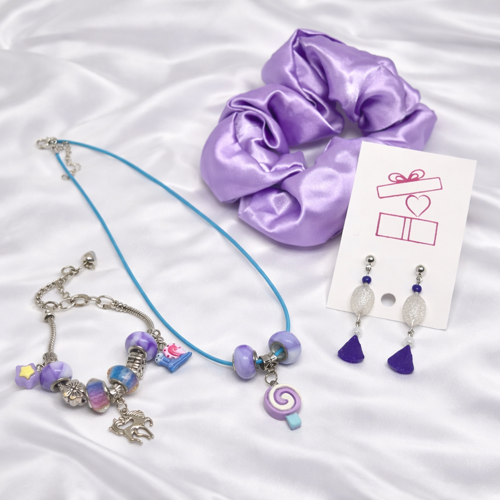 Purple scrunchie, necklace,  resin earrings and charm bracelet