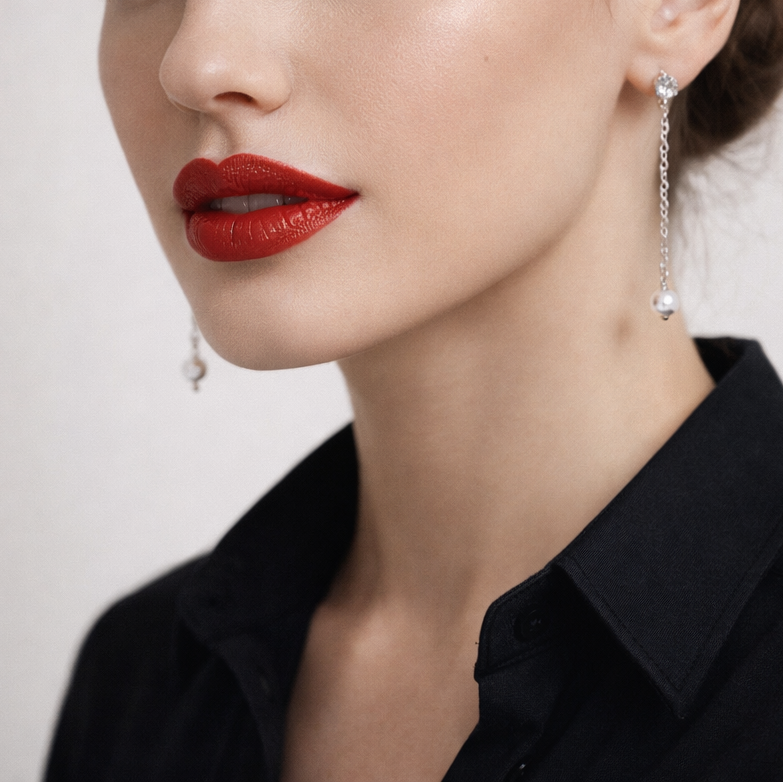 Dangling silver earrings with small pearl.