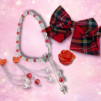 Set includes: Plaid red clip on hair bow, glass beads necklace with matching dangling earrings and small beeswax candle. Gift box. 