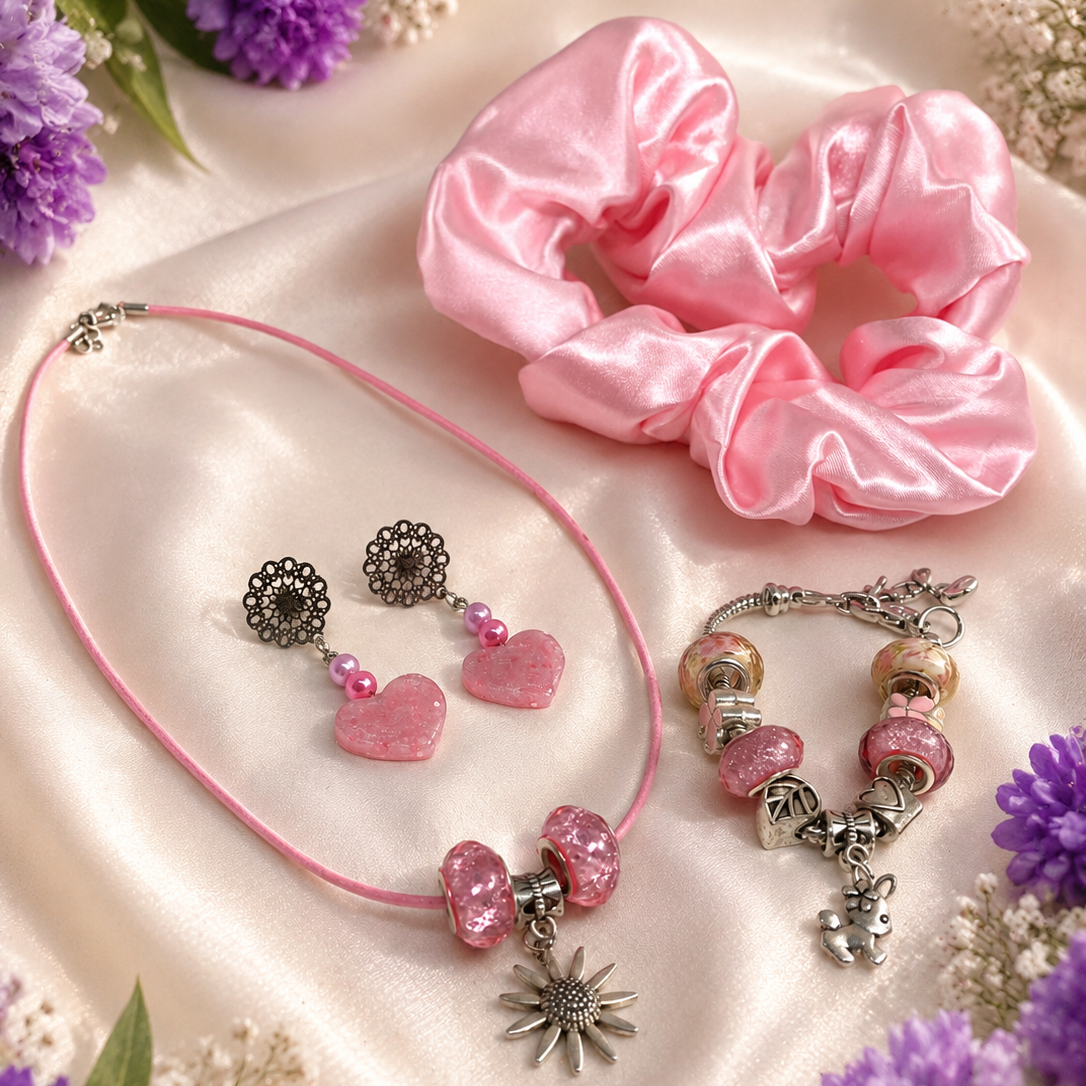 Gift set consists of necklace, matching charm bracelet, resin hearts earrings and pink satin hair scrunchie.