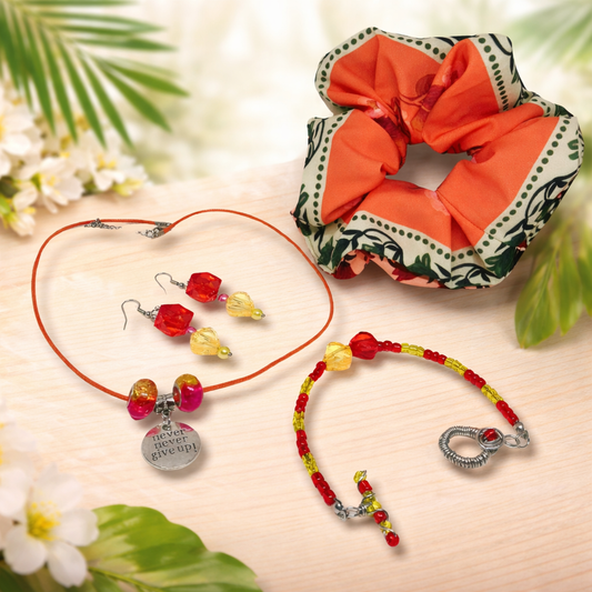 Jewelry set with necklace, bracelet, earrings, and scrunchie.