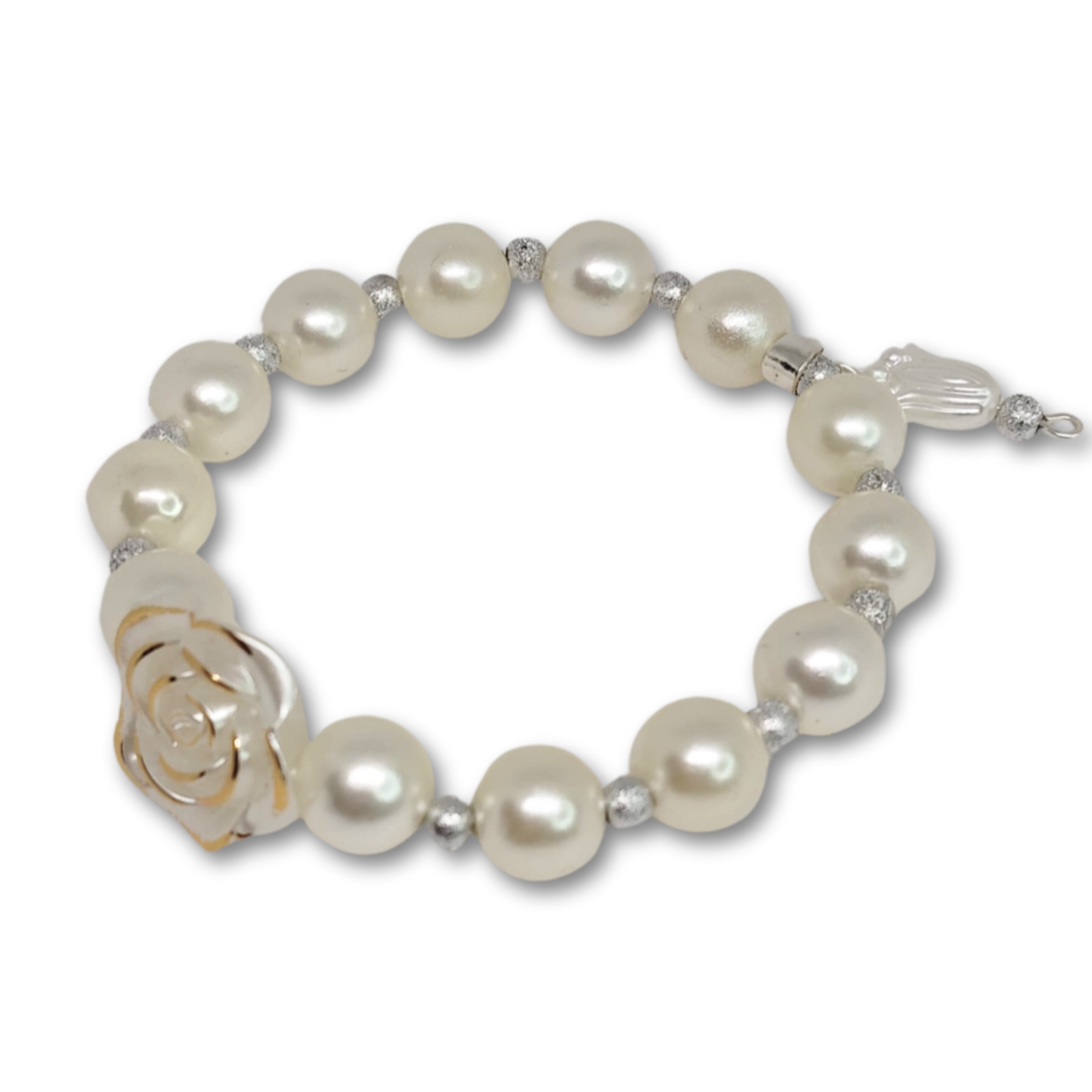 Pearl bracelet with rose and charm