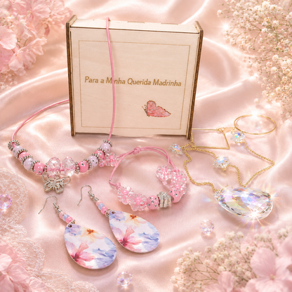 Gift set includes, earrings, bracelet, necklace, wooden jewelry box with personalised message and sun catcher.