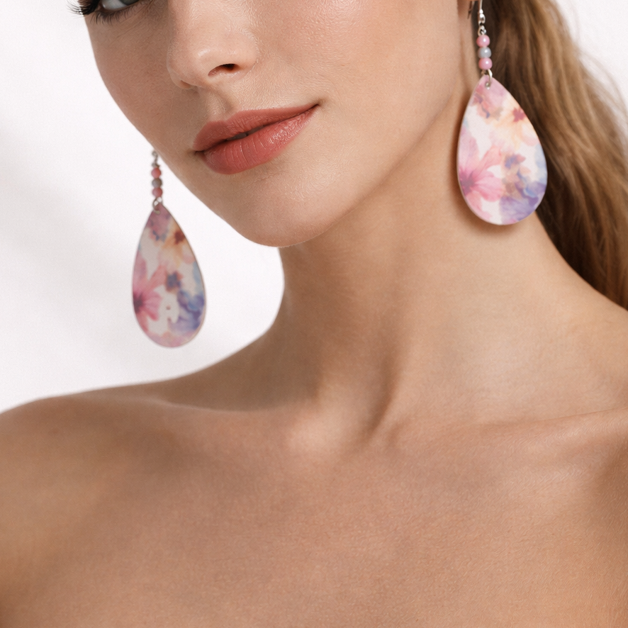 Pink flower dangling earrings.