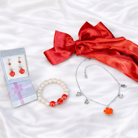 Red jewelry set, gift set for her, red earrings and bracelet, dainty charm necklace, satin hair bow accessory, red flower necklace.