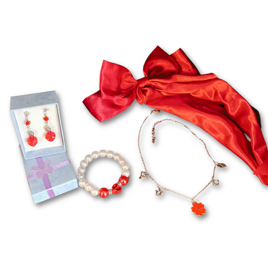 Handmade red jewelry set, gift set for her, red earrings and bracelet, dainty charm necklace, satin hair bow accessory, red flower necklace, women’s fashion gift ideas, unique jewelry set, pearl and red bead bracelet, ready to gift jewelry box.
