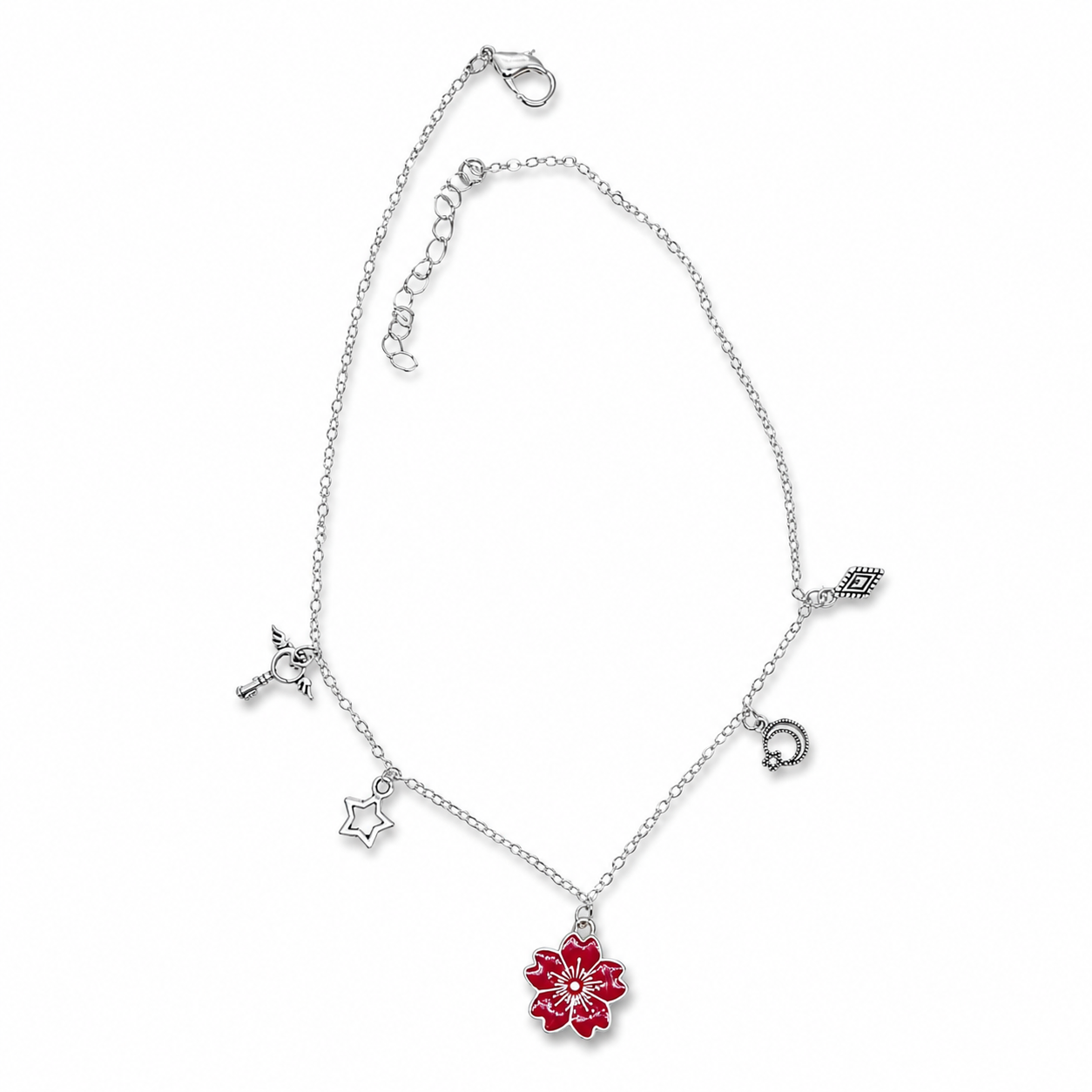 Silver necklace with red flower and charms.