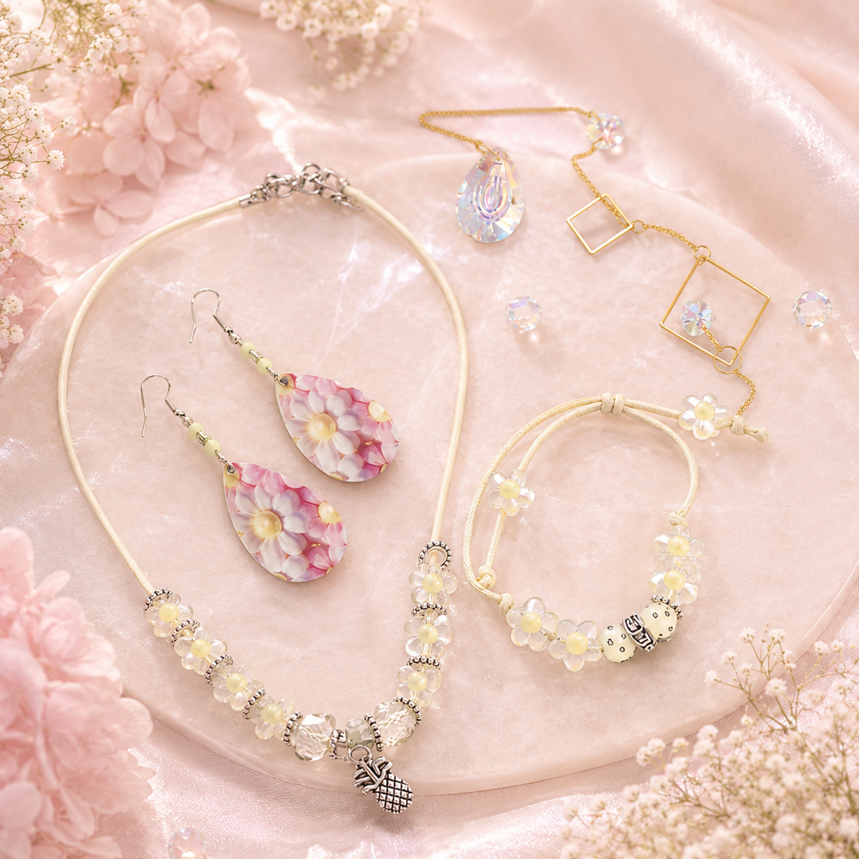 Gift set includes, yellow rope necklace and bracelet with glass beads, dangling flower earrings and gold sun catcher with glass diamond.