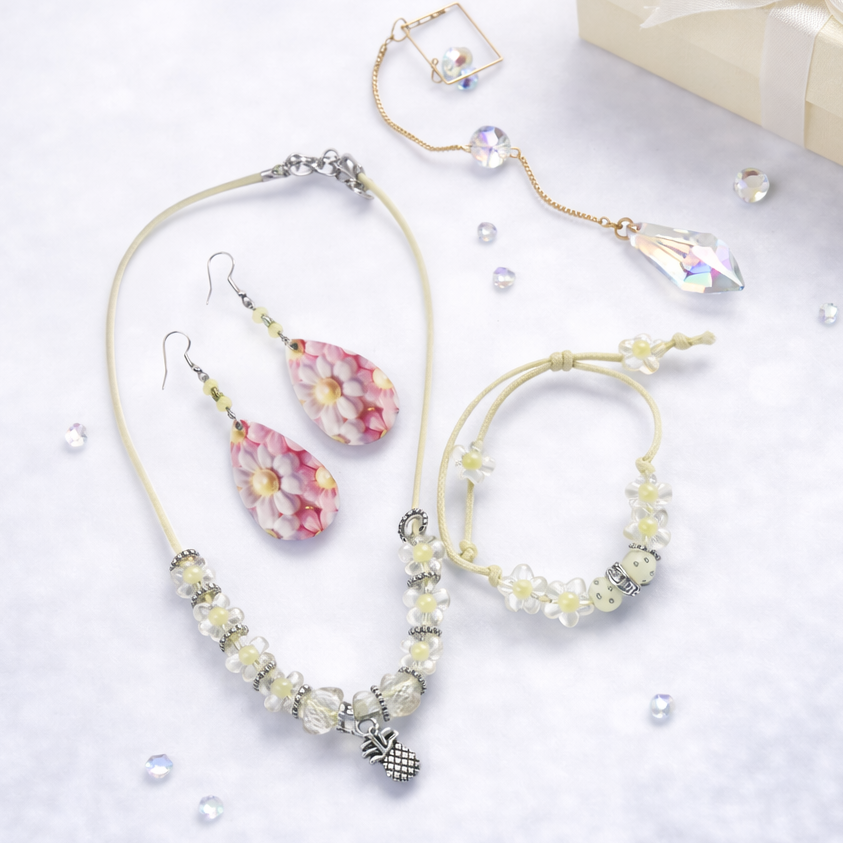 Gift set includes, yellow rope necklace and bracelet with glass beads, dangling flower earrings and gold sun catcher with glass diamond.
