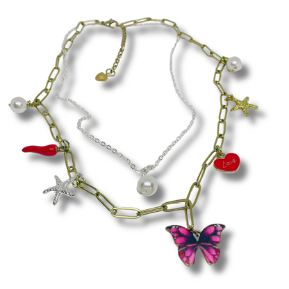 Layered necklace, gold and silver with charms