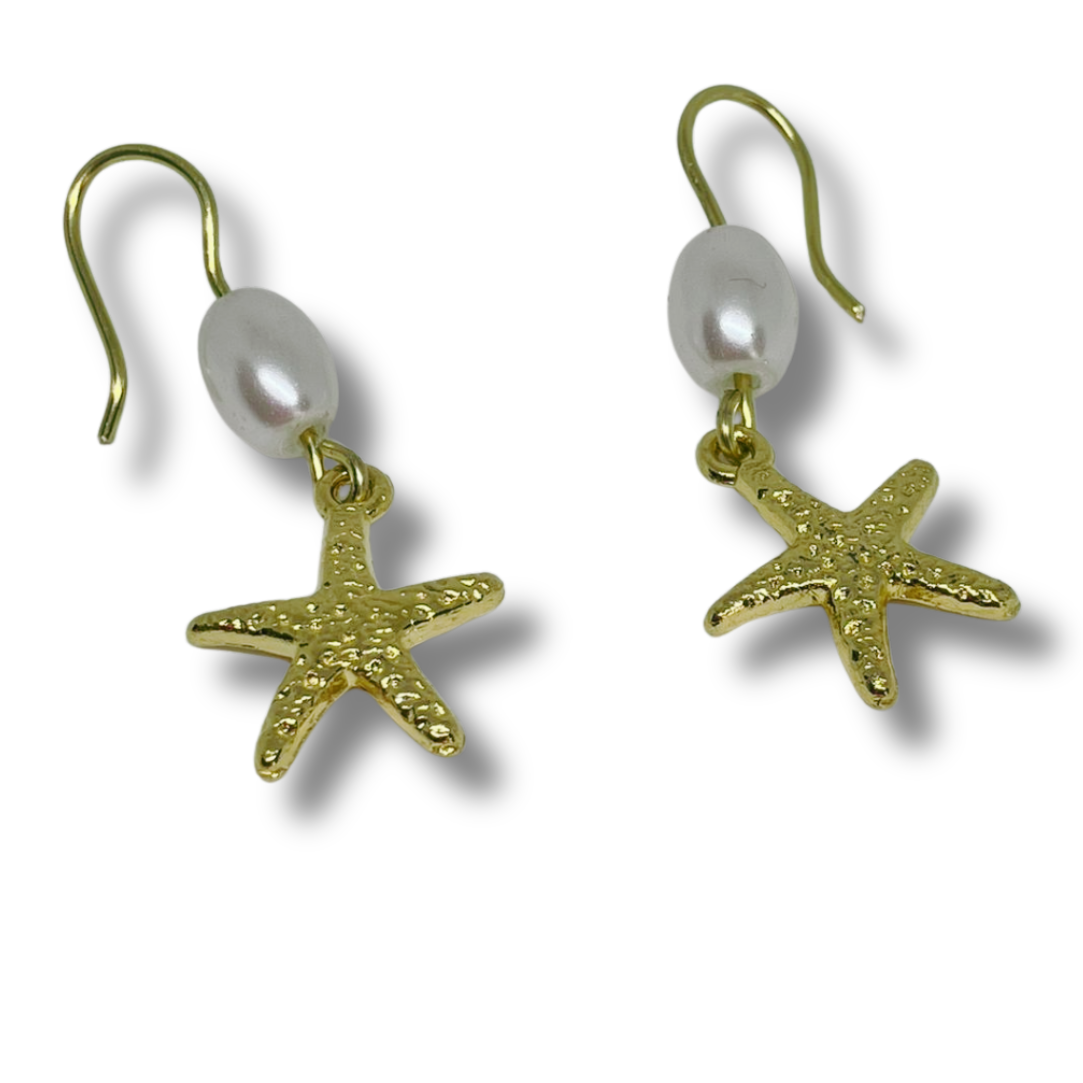 Gold starfish earrings with pearl-like beads.
