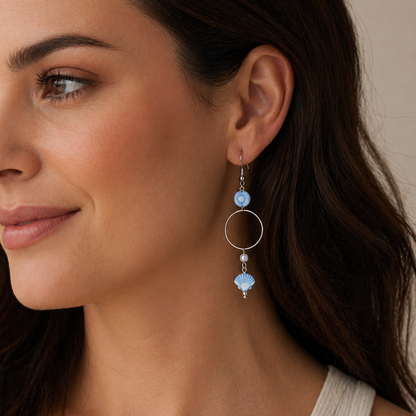 Blue beaded earrings with a silver loop