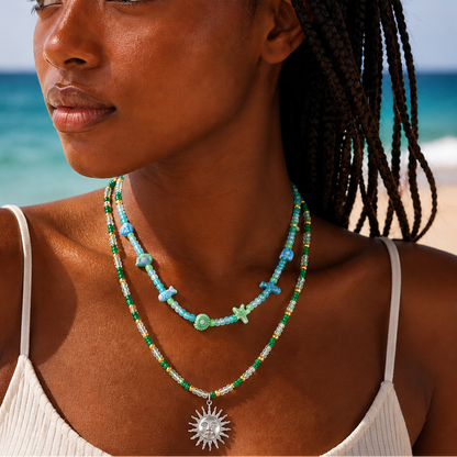 blue and green beach themed necklaces