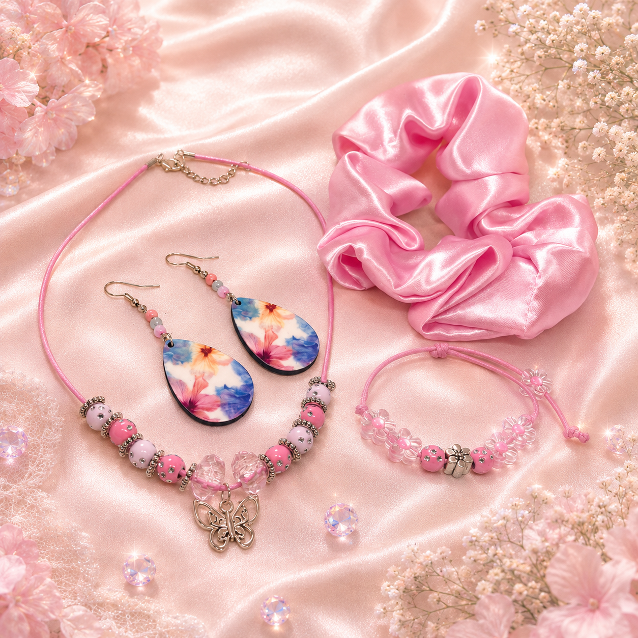Gift set includes pink necklace, matching bracelet, pink flower earrings, pink satin hair scrunchie.