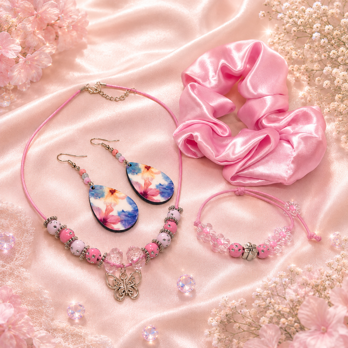 Gift set includes pink necklace, matching bracelet, pink flower earrings, pink satin hair scrunchie.