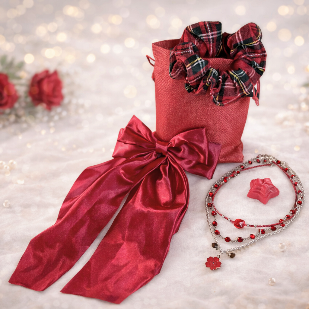 Serene Ruby gift set for women, featuring, stack necklaces, red plaid hair scrunchie and red satin hair bow. All packed in gift bag.  