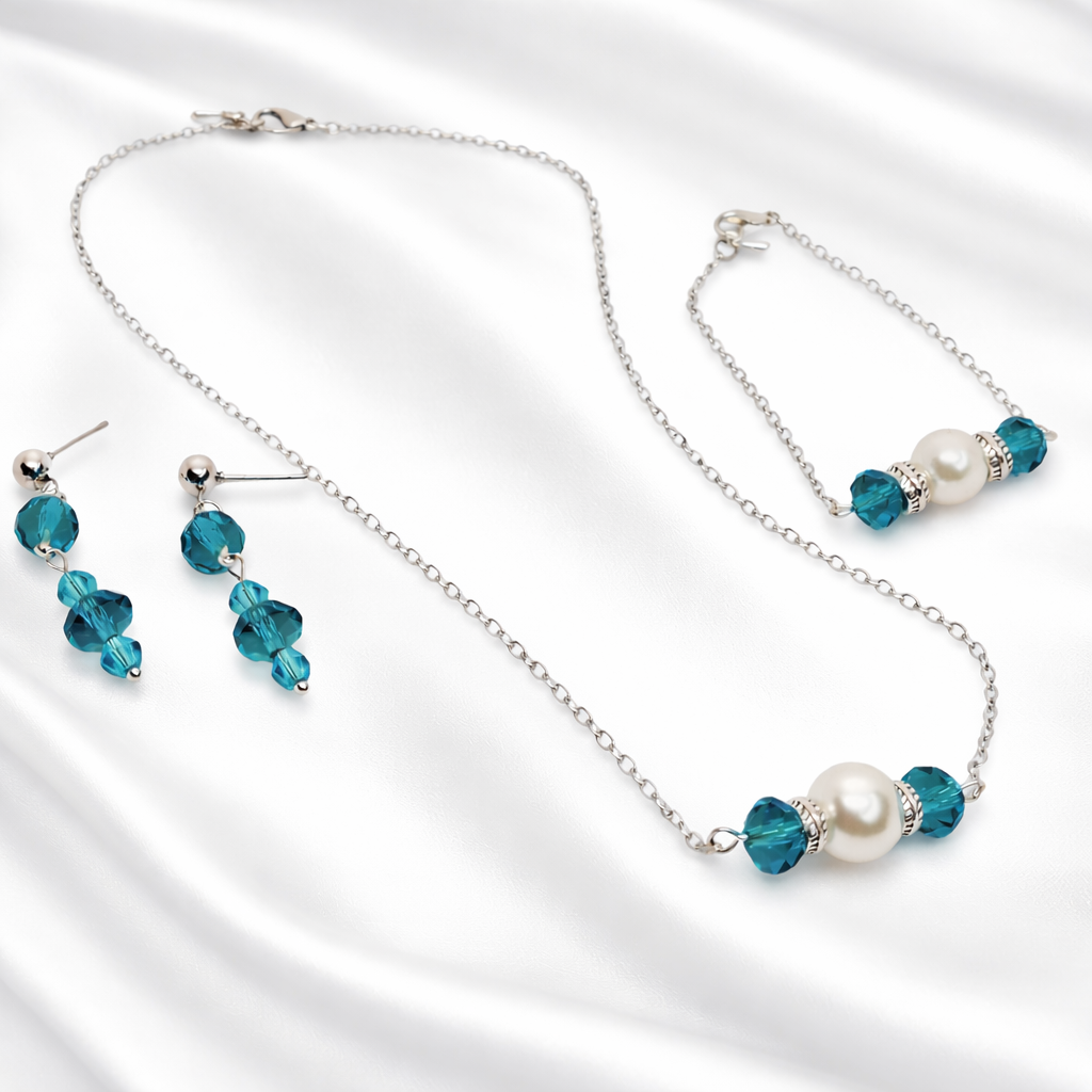 Gift set for women featuring glass Blue Beaded necklace, earrings and bracelet. 