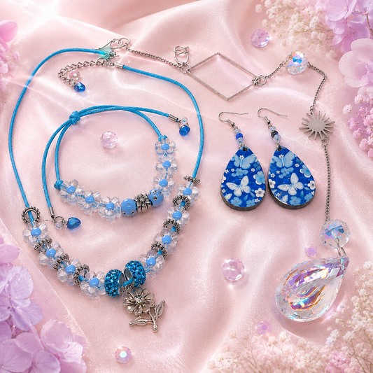 Gift set includes, beaded necklace, matching bracelet, earrings and sun catcher.