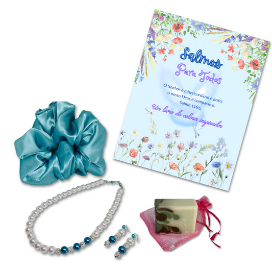Set consists of coloring book, large satin turquoise scrunchie for hair, white and blue pearl necklace, matching earrings and a mini avocado soap.