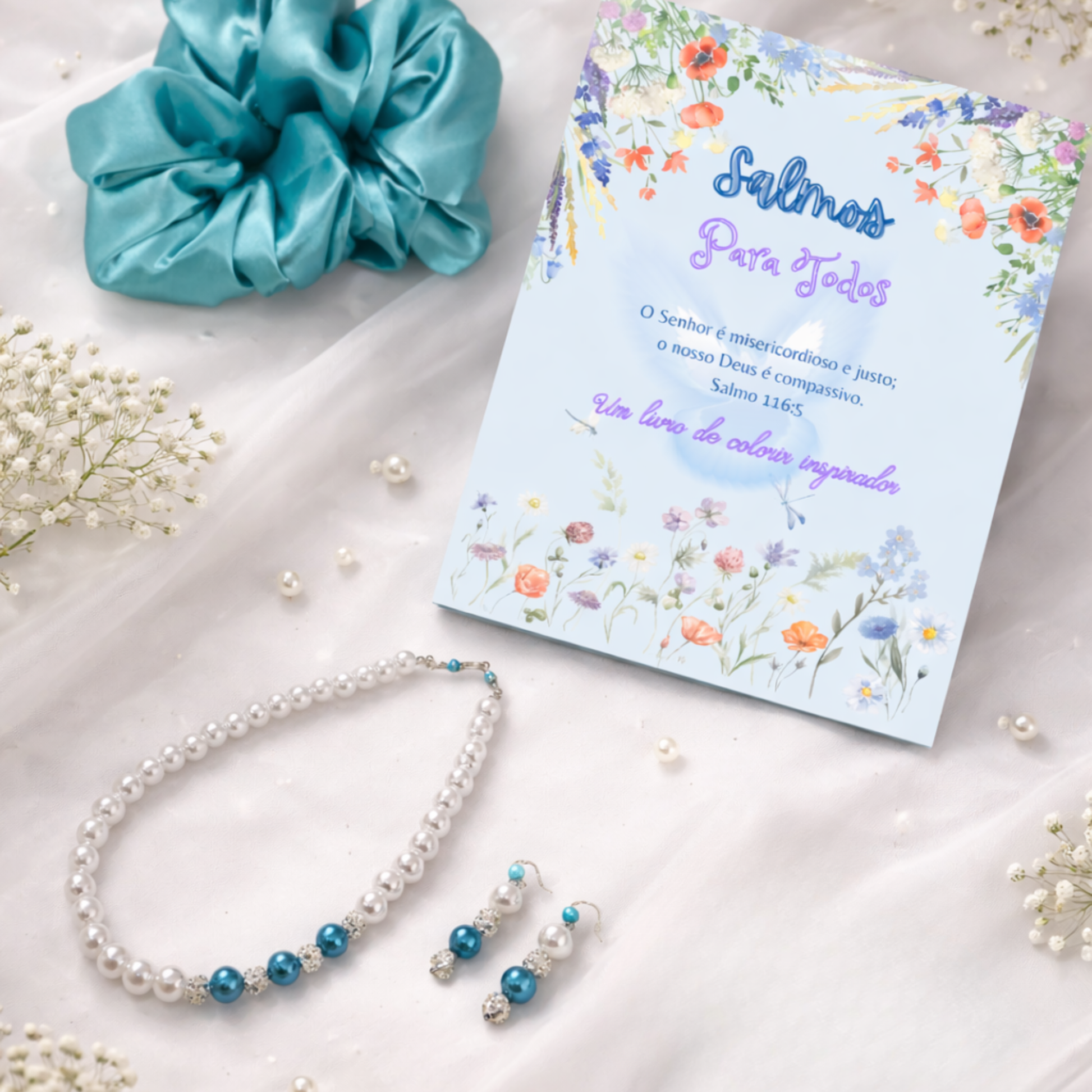 Set consists of coloring book, large satin turquoise scrunchie for hair, white and blue pearl necklace, matching earrings.