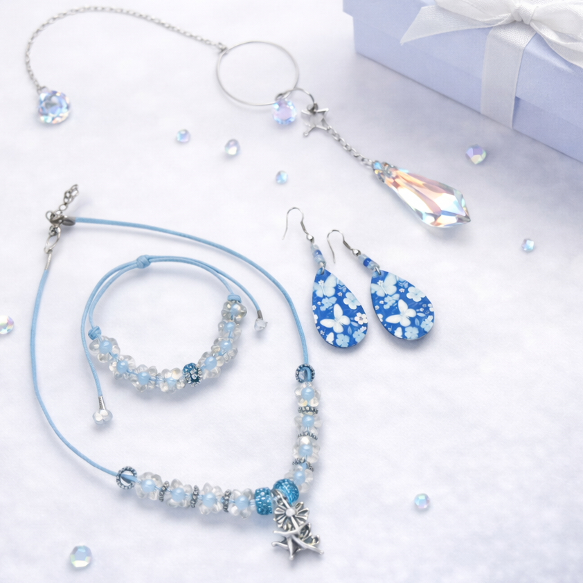 Gift set includes, beaded necklace, matching bracelet, earrings and sun catcher.