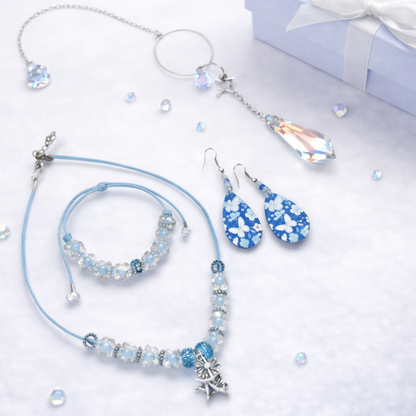 Gift set includes, beaded necklace, matching bracelet, earrings and sun catcher.