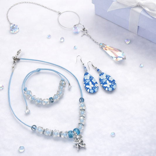 Gift set includes, beaded necklace, matching bracelet, earrings and sun catcher.