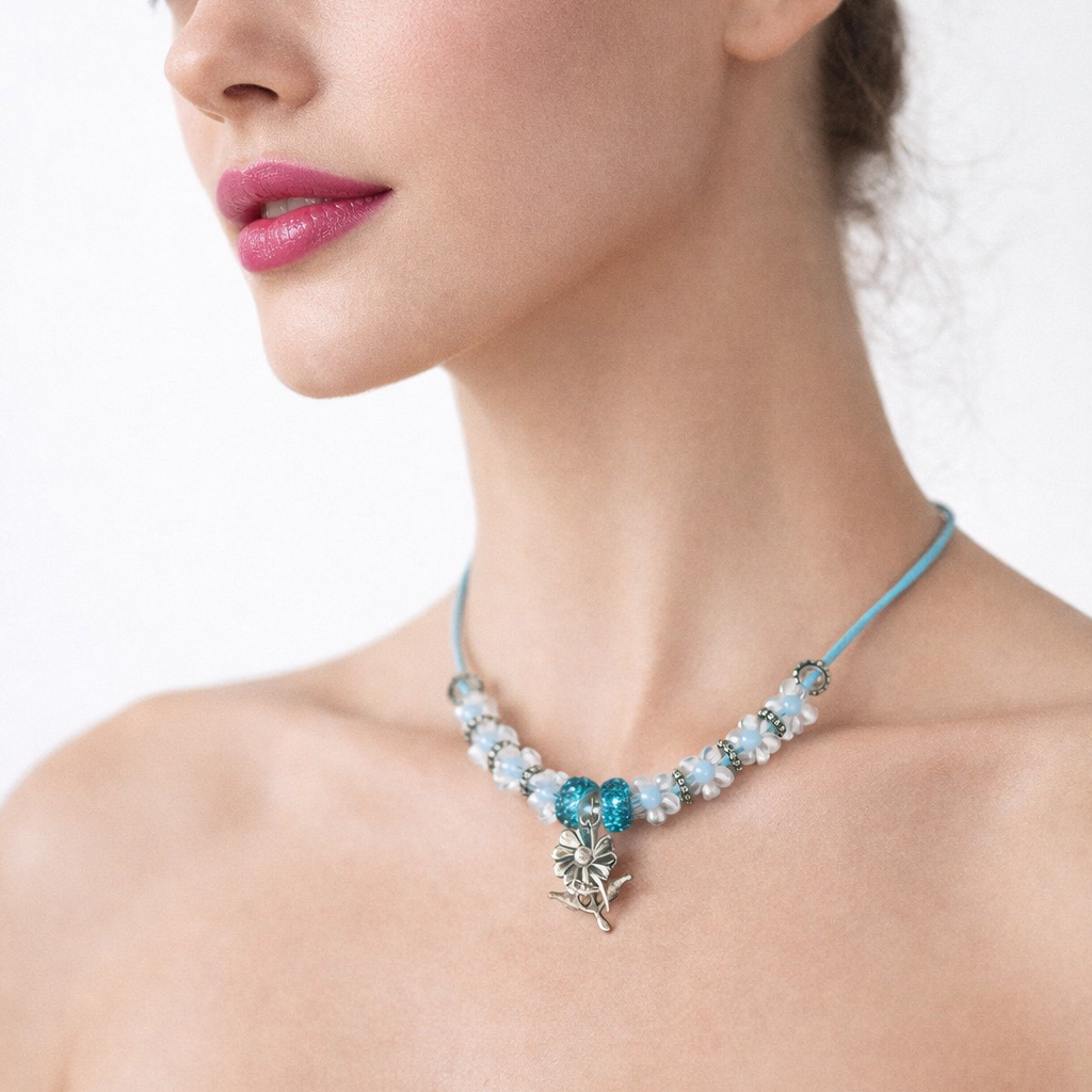 Light blue cord necklace with beads