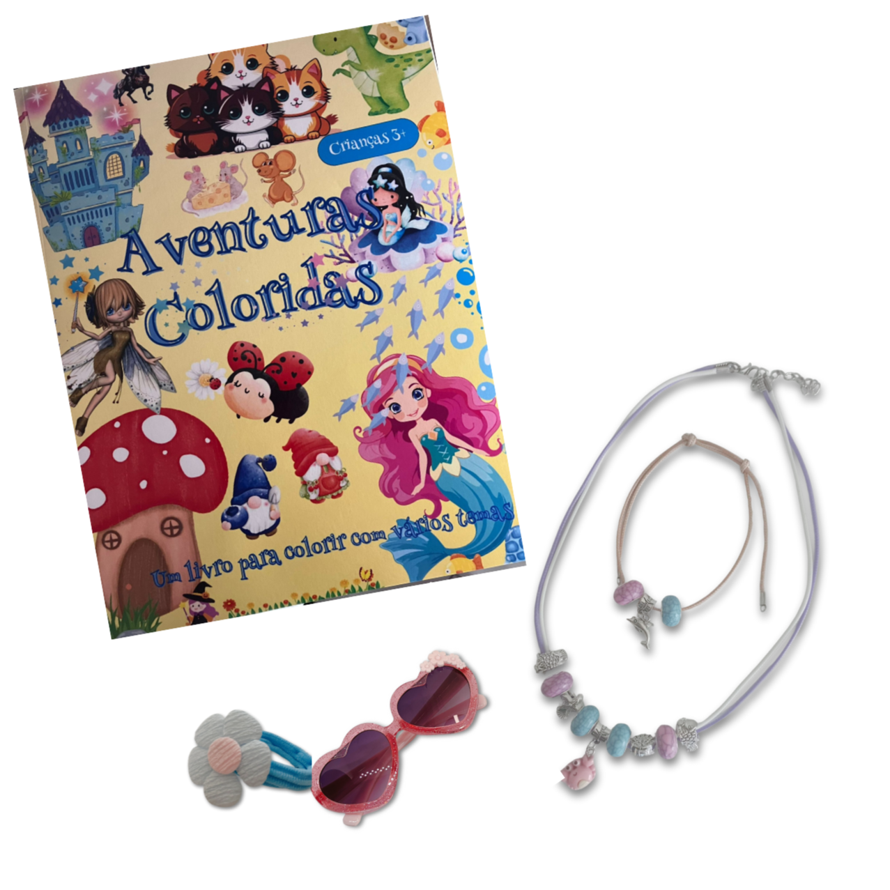 This set includes: Coloring book, matching necklace and bracelet, flower elastic for hair, and pink sunglasses. 