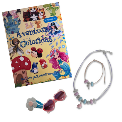 This set includes: Coloring book, matching necklace and bracelet, flower elastic for hair, and pink sunglasses. 
