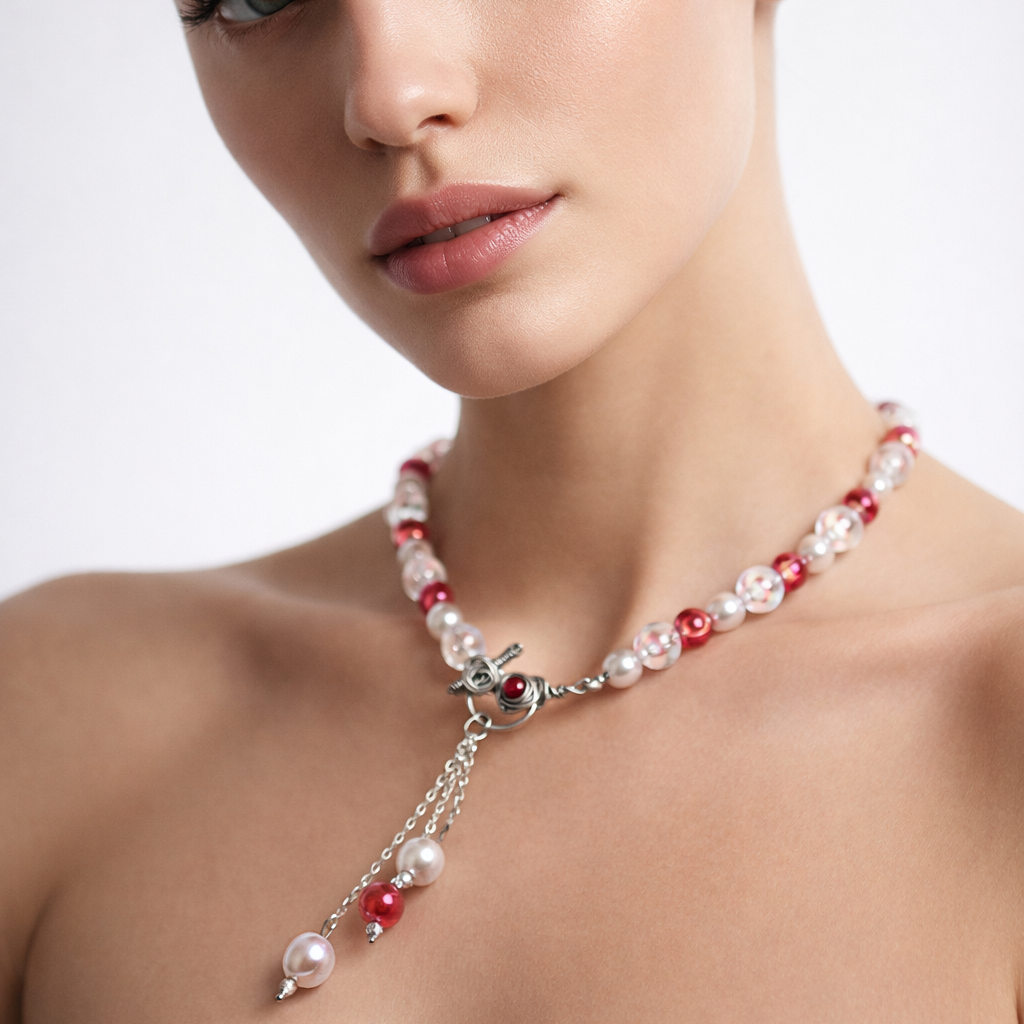 Glass beads necklace, red and white