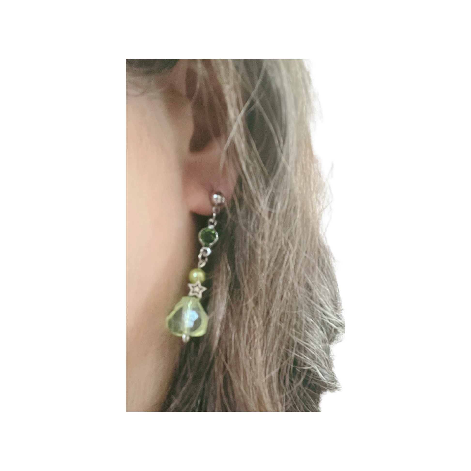 Green Heart and Silver Star with Green Beads Dangling Earrings.