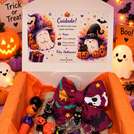 Halloween themed gift box for little girls, includes jewelry, pen and a clip on hair bow.