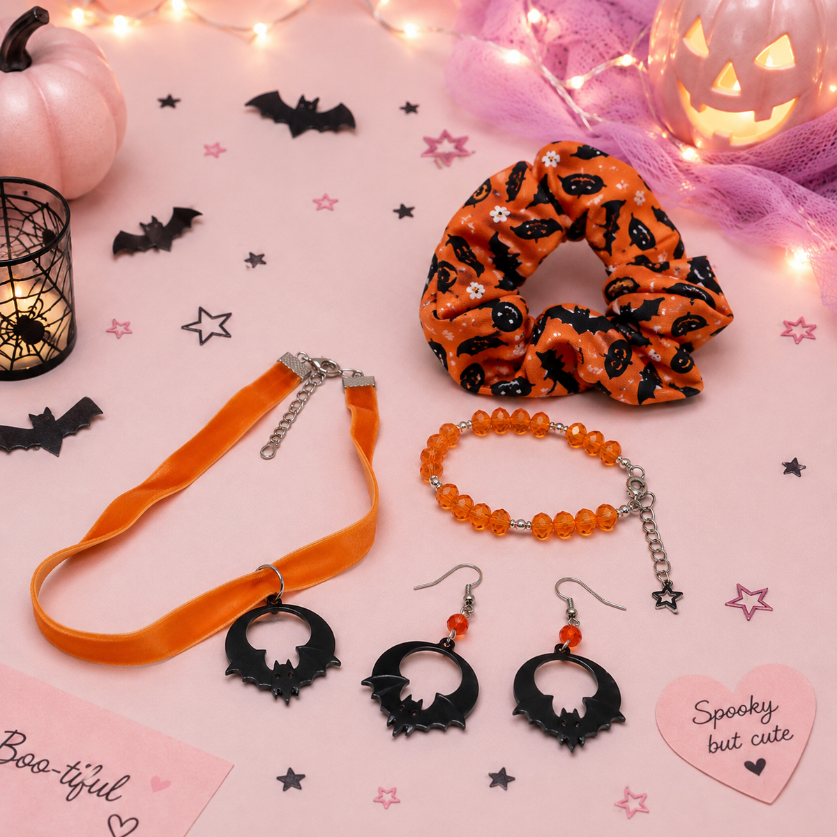 Halloween gift set, orange velvet choker with black bat pendant, matching earrings, orange glass beads bracelet and orange hair scrunchie.
