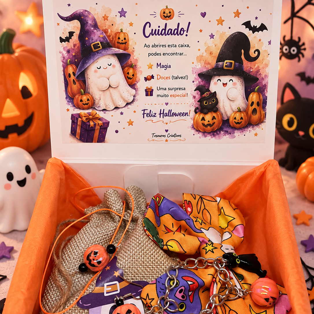 The set includes a Halloween necklace, matching earrings, charm bracelet, colourful hair bow and Halloween colouring book, all beautifully presented and ready to gift.