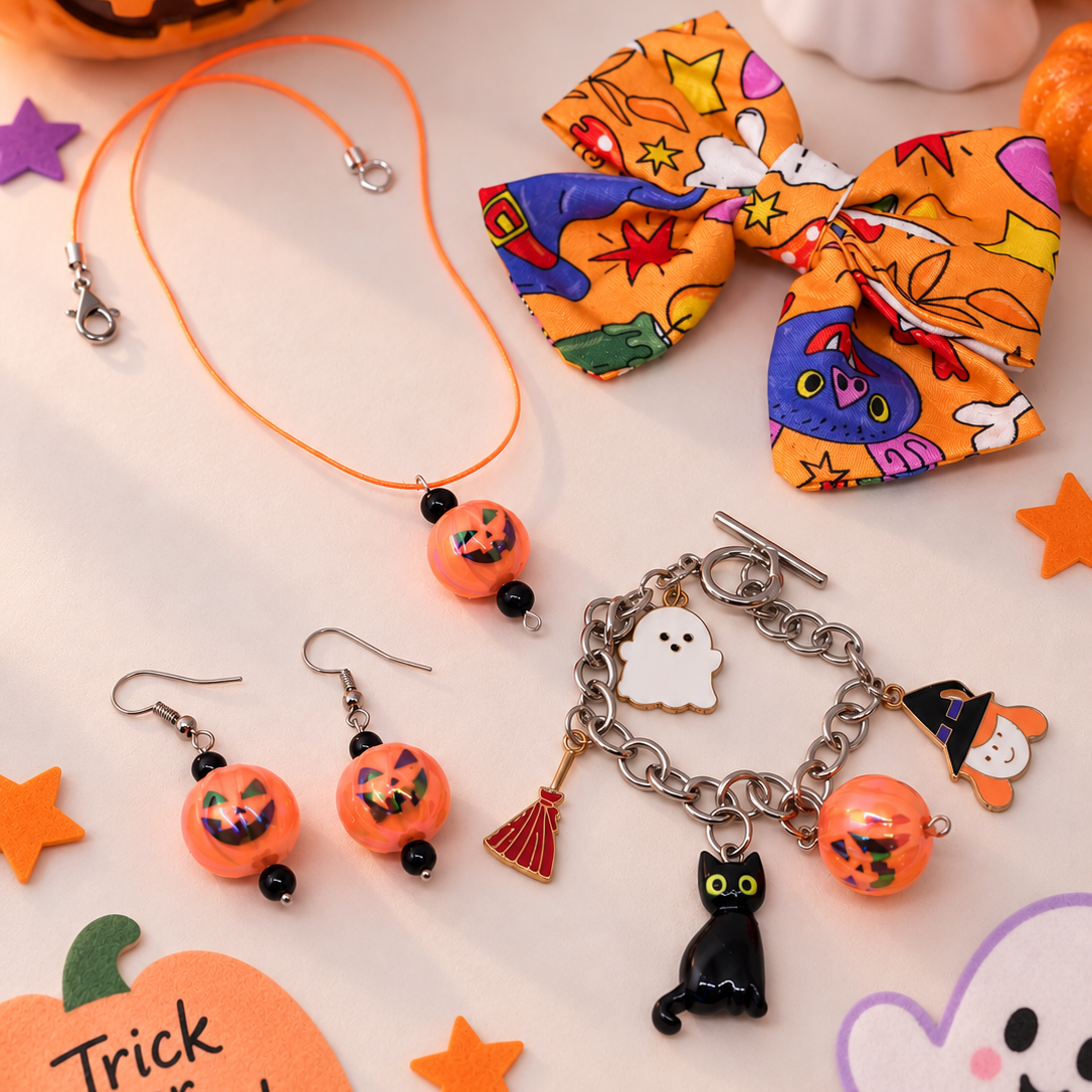 The set includes a Halloween necklace, matching earrings, charm bracelet, colourful hair bow and Halloween colouring book, all beautifully presented and ready to gift.