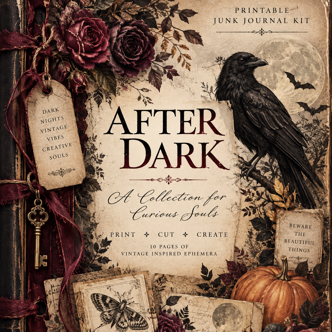 Printable junk journal kit titled 'After Dark: A Collection for Curious Souls'. The design features a vintage, gothic aesthetic with a large black raven, dark red roses, and pumpkins.