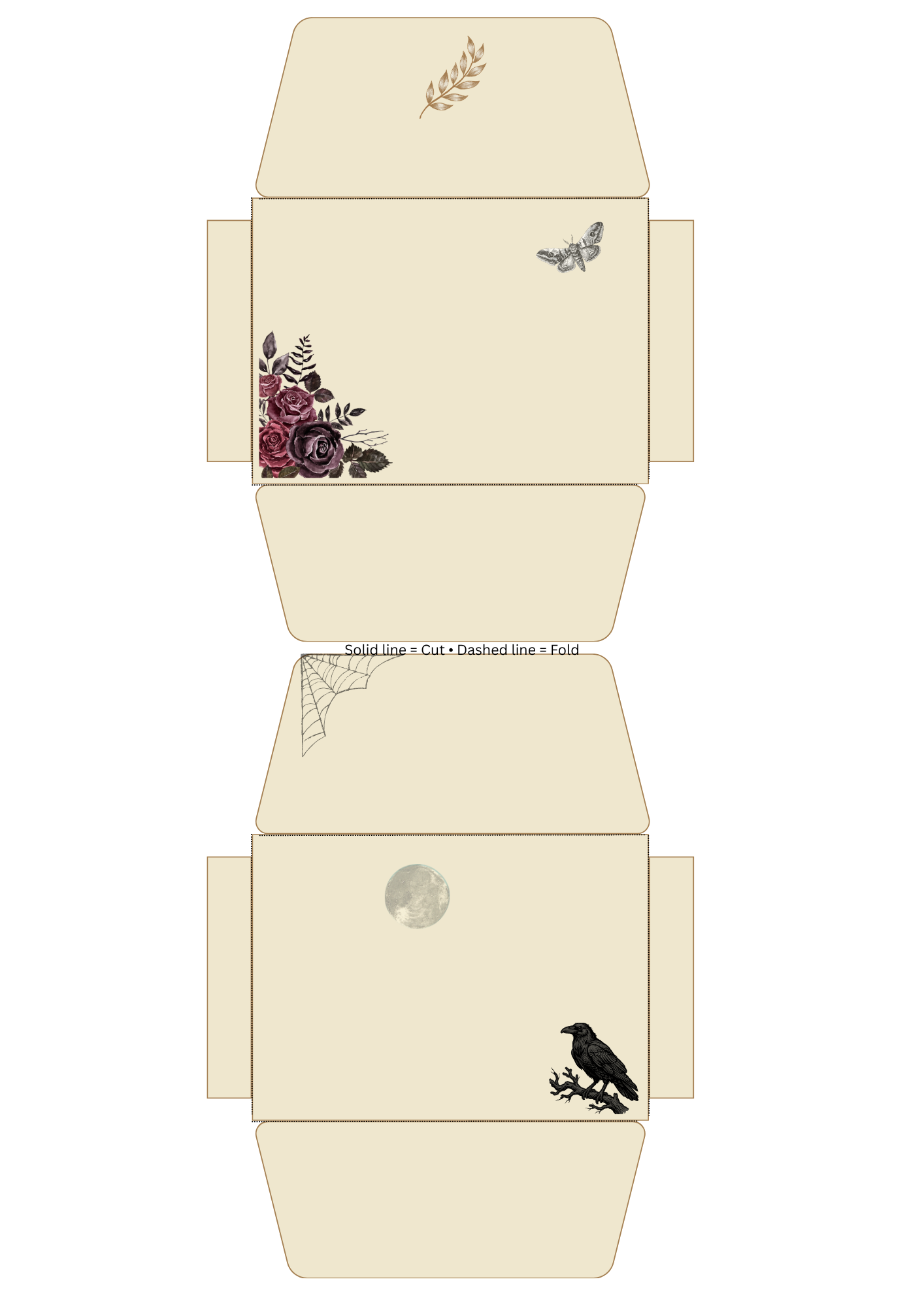 A flat printed template or box design shown on a white background, with cream-colored panel sections, floral artwork in purple and green, a butterfly, a crows silhouette, a moon, and small decorative motifs. Small text near the top reads 'Solid Line = Cut - Dash line = Fold'.