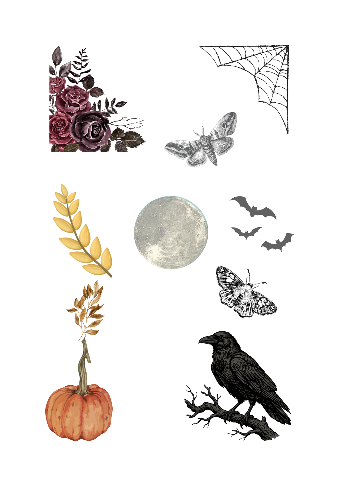 A collection of Halloween-themed decorative stickers or decals on a white background, featuring a bouquet of dark purple and black roses, a spiderweb, a moth, a yellow leaf, a full moon, three bats, a pumpkin with a leaf sprig, and a black raven on a branch.