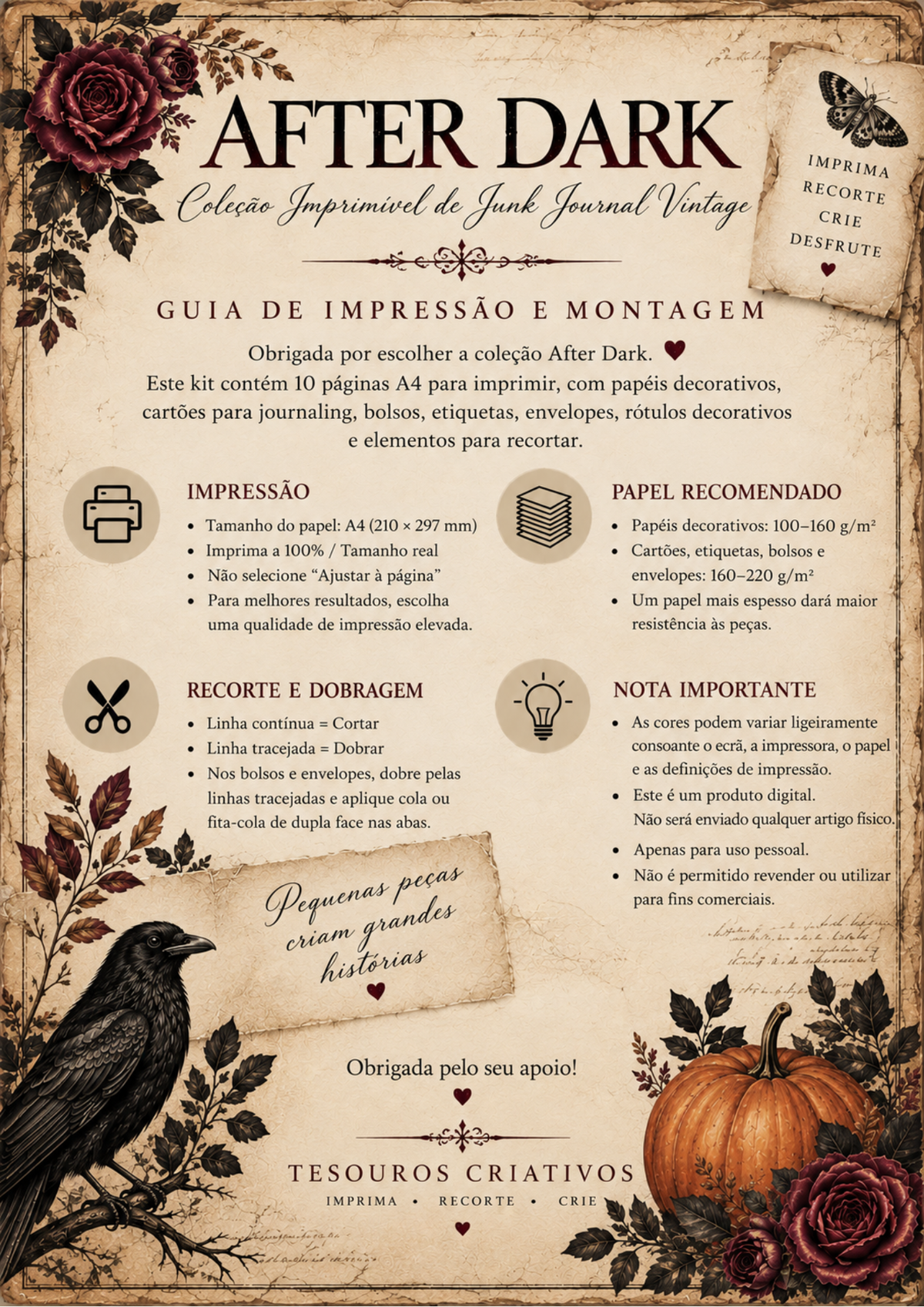 A vintage-style printed instruction sheet for the After Dark journaling kit, written in Portuguese. The sheet features a sepia background with dark red roses, black ink illustrations, and instructions detailing the paper size (A4), recommended paper weight (300-160 g), envelopes, and care instructions.