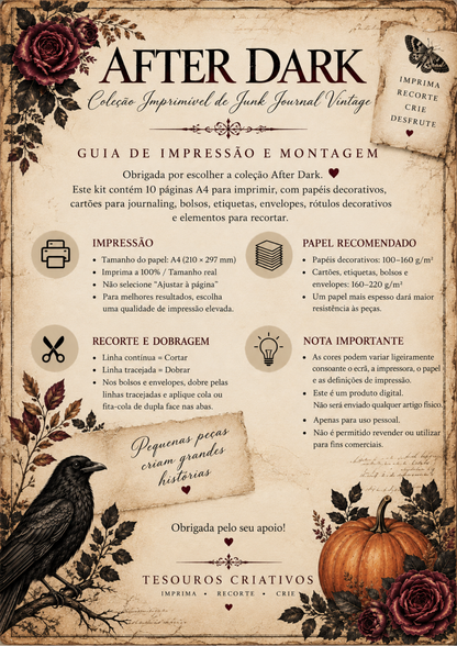 A vintage-style printed instruction sheet for the After Dark journaling kit, written in Portuguese. The sheet features a sepia background with dark red roses, black ink illustrations, and instructions detailing the paper size (A4), recommended paper weight (300-160 g), envelopes, and care instructions.