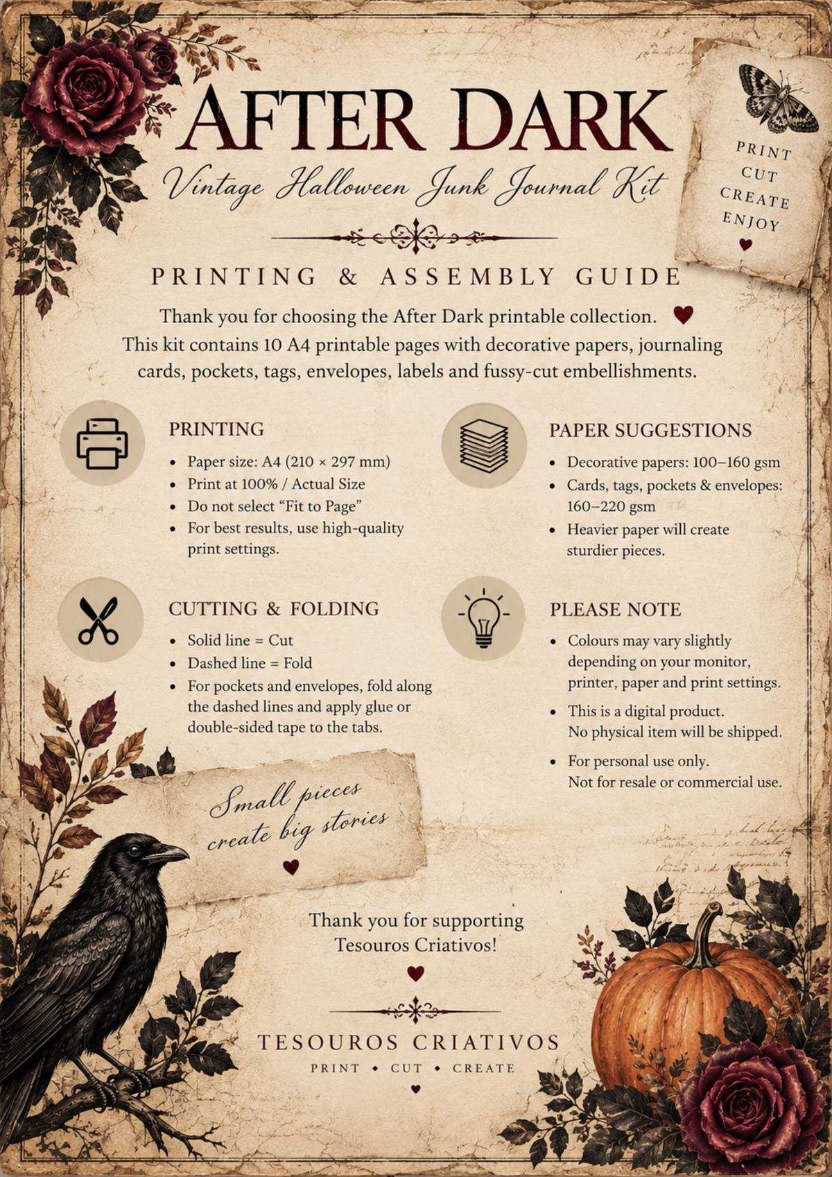 A vintage-style assembly and printing guide for the After Dark 'Vintage Halloween Junk Journal Kit' by Tesouros Criativos. The guide features a distressed beige parchment background with dark red roses, black moths, and text detailing the kit contents, printing specifications, folding instructions, and care instructions.