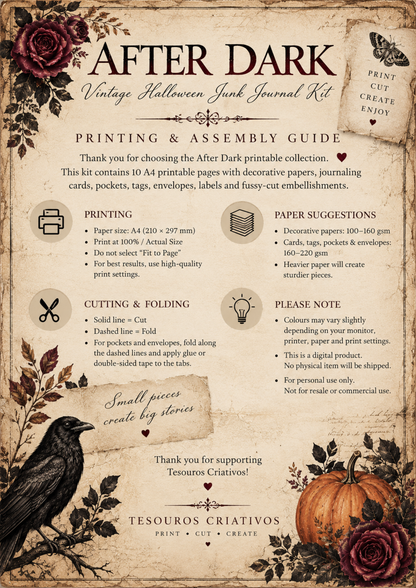 A vintage-style assembly and printing guide for the After Dark 'Vintage Halloween Junk Journal Kit' by Tesouros Criativos. The guide features a distressed beige parchment background with dark red roses, black moths, and text detailing the kit contents, printing specifications, folding instructions, and care instructions.