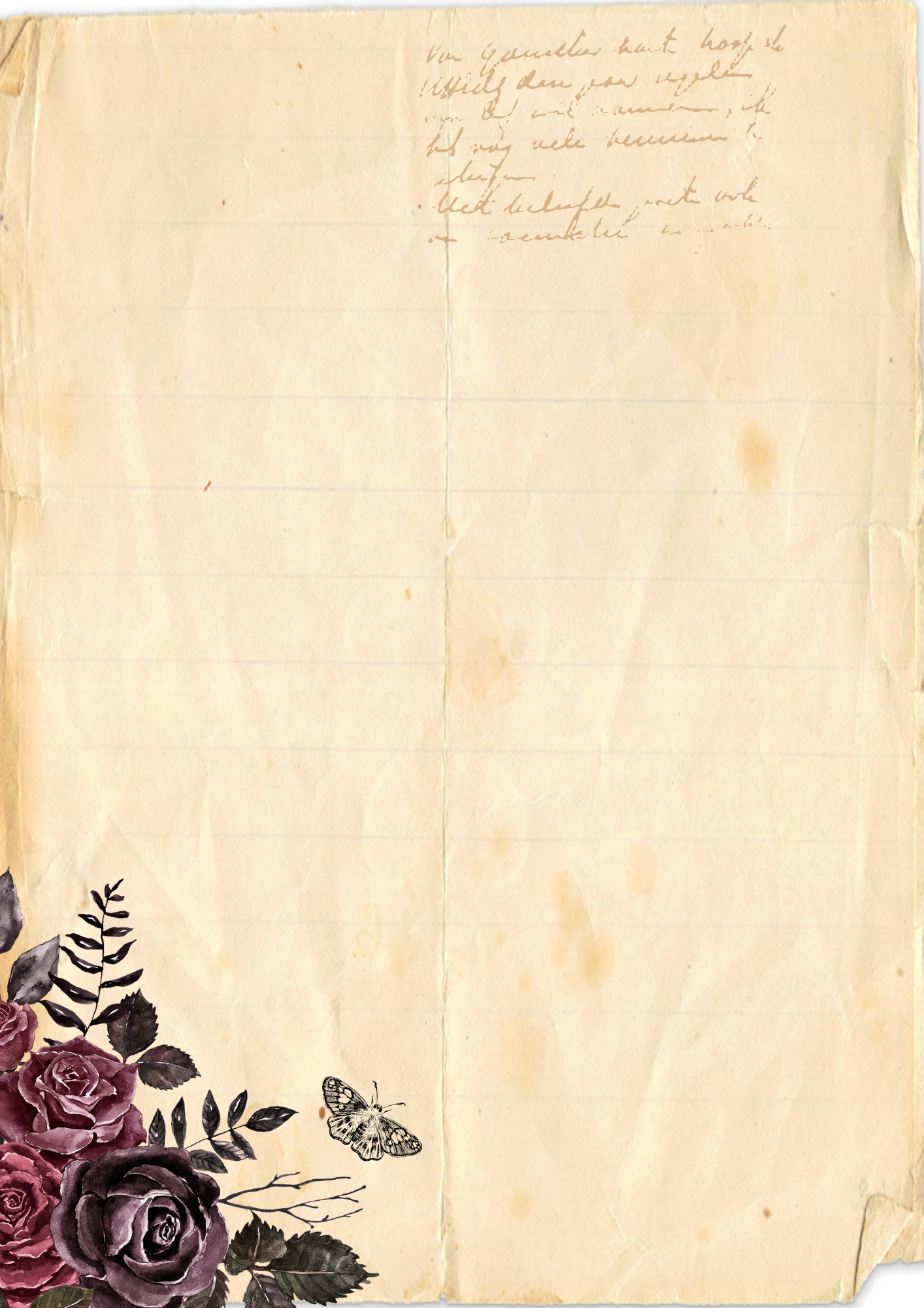 Vintage-style aged paper letterhead with handwritten text at the top and a floral illustration in the lower-left corner featuring purple roses, black leaves, and a butterfly.