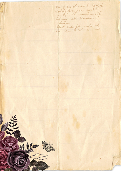 Vintage-style aged paper letterhead with handwritten text at the top and a floral illustration in the lower-left corner featuring purple roses, black leaves, and a butterfly.
