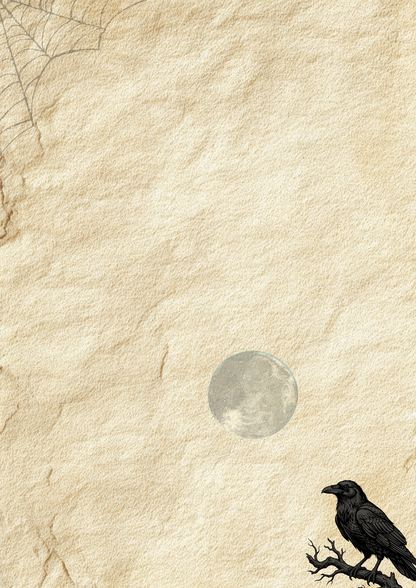 Gothic themed background featuring a textured beige parchment-like surface with a full moon, a black raven perched on a branch in the lower right, and faint spiderwebs in the upper left corner.